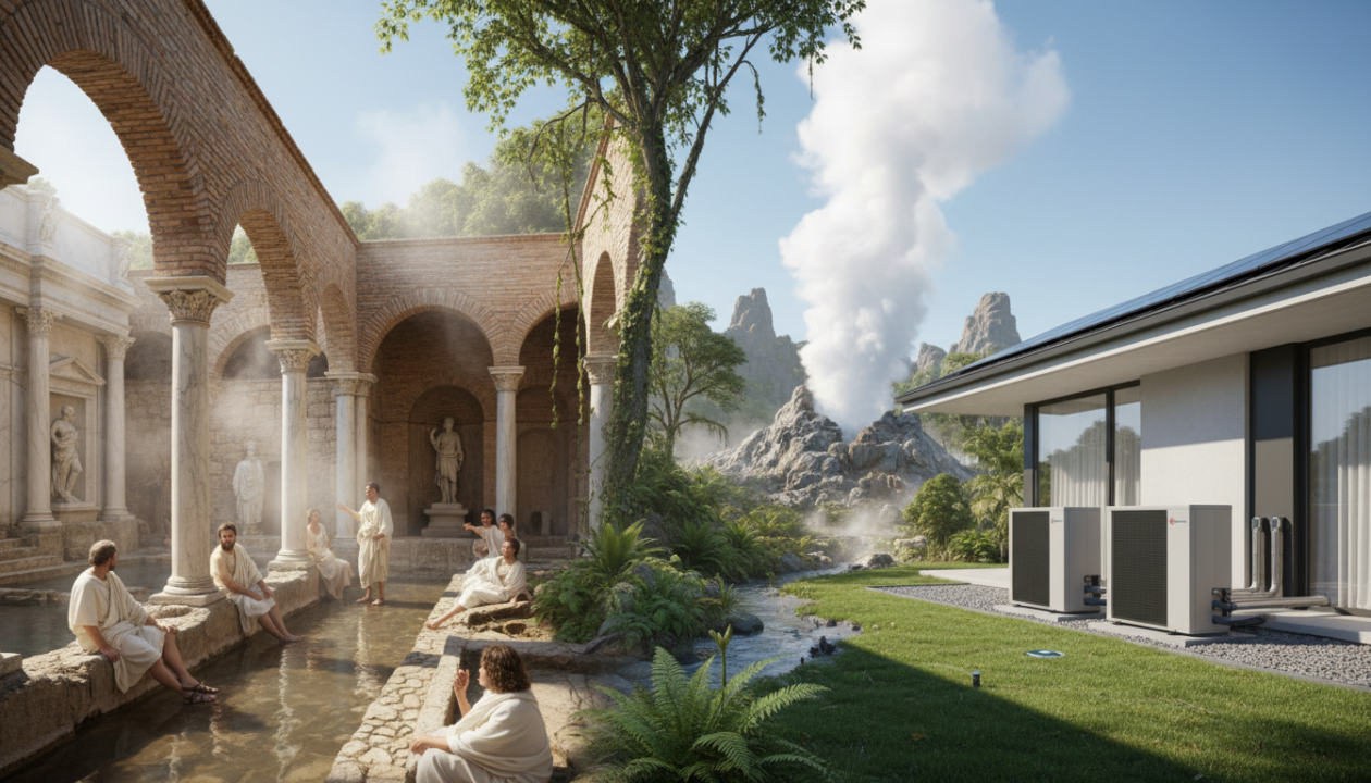 découvrez l'histoire fascinante de la géothermie, des thermes romains antiques aux pompes à chaleur modernes qui révolutionnent le chauffage durable.